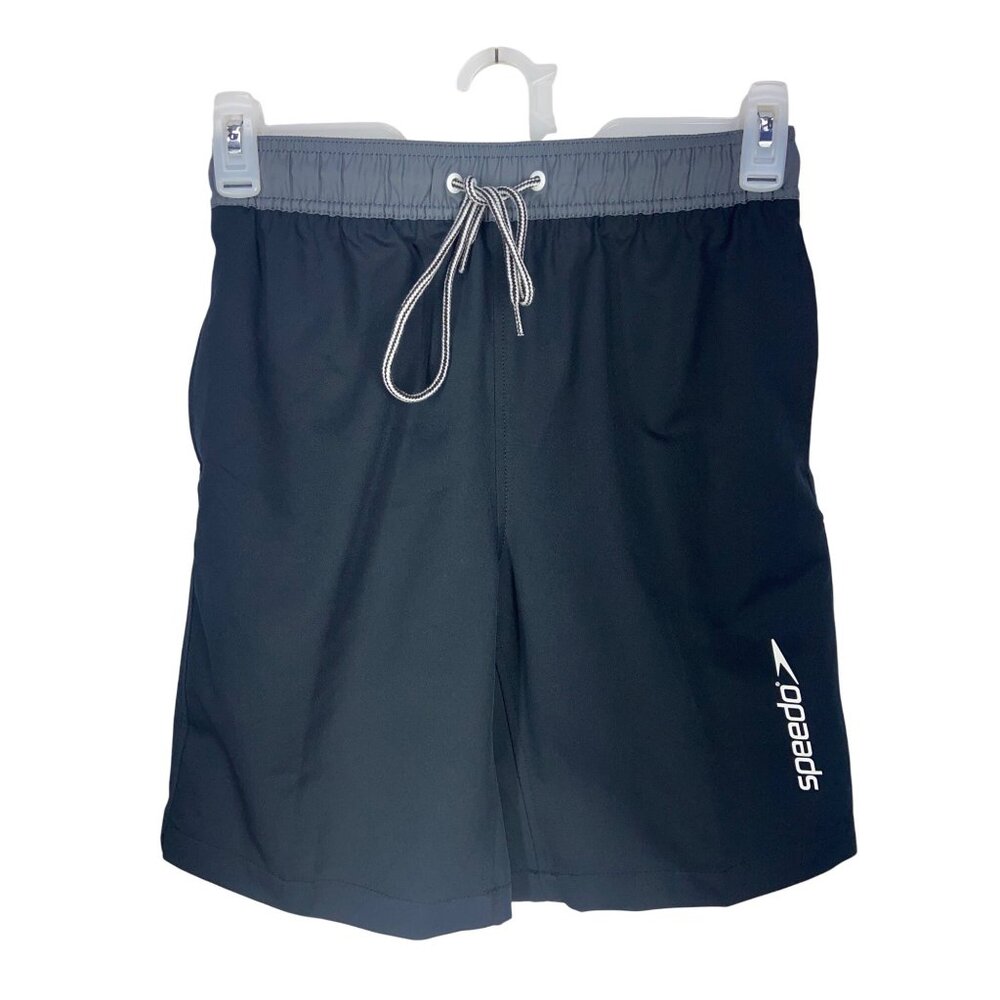 Speedo Men Black & Gray Swim Trunks Size Small 2 slash 1 Rear Zip Pockets Beach